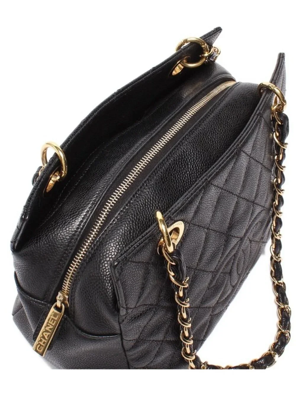 Chanel Chain Shoulder Bag Gold Quilted Caviar Leather Petit Timeless